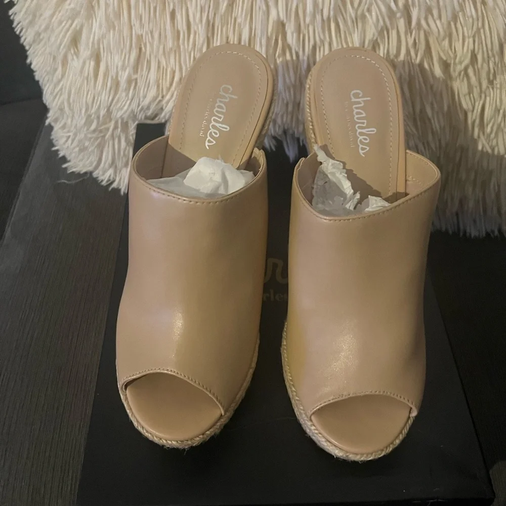Charles David Nude Tan Peep-Toe Espadrille Wedge Mules